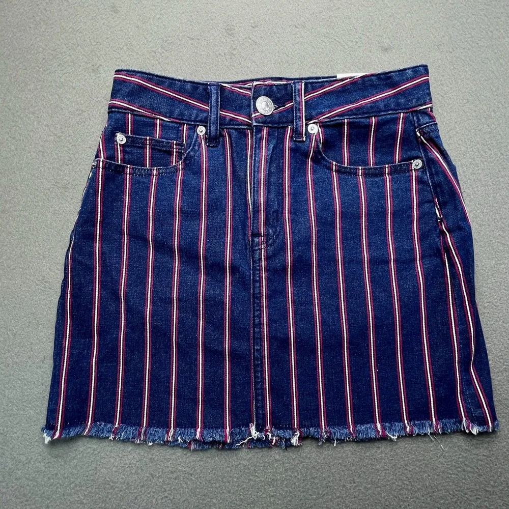 NWT American Eagle Striped Denim Mini Skirt‎ Women 0 Blue Red  HiRise Raw Hem